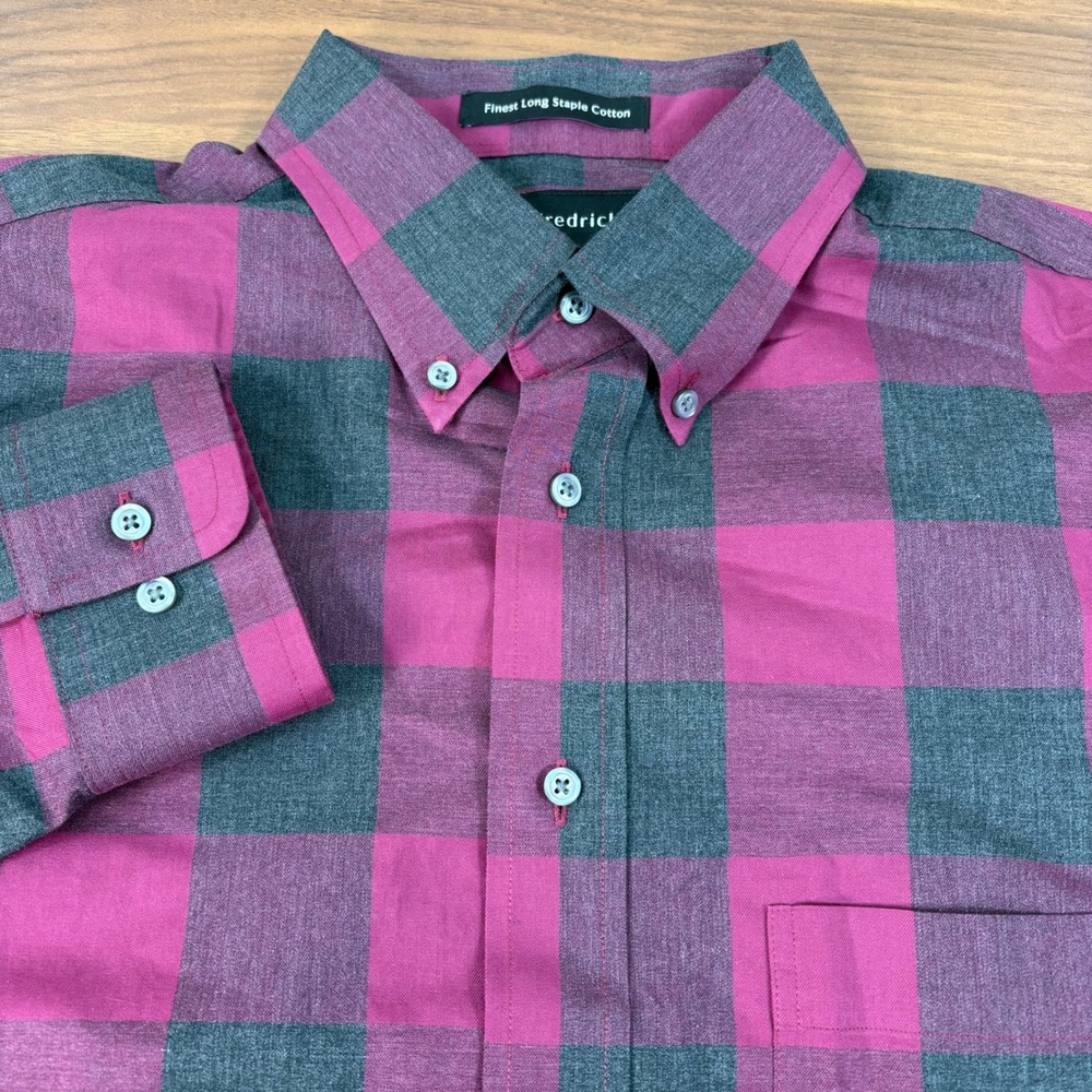Paul Fredrick Classic Fit Buffalo Check Finest Cotton Shirt Magenta Grey Size L